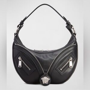 Versace Medium Medusa Zip Leather Hobo Shoulder Bag in Black and Silver